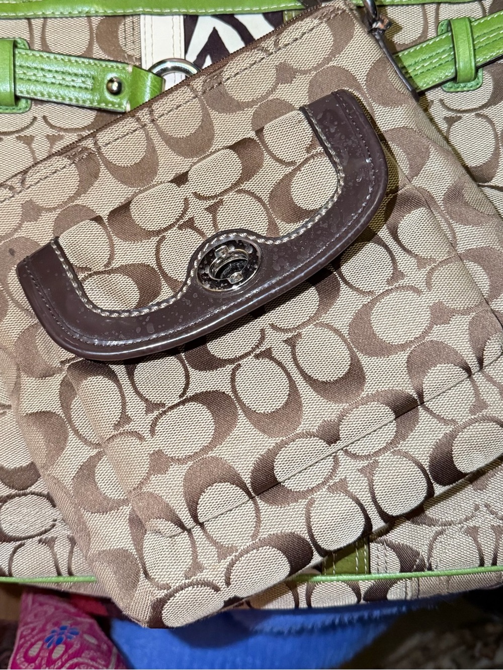 Coach Brown Signature Canvas Shoulder Bag with Lime Green Trim